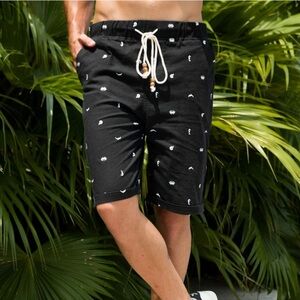 Men’s beachy black white print linen blend shorts with beaded waist tie, M
